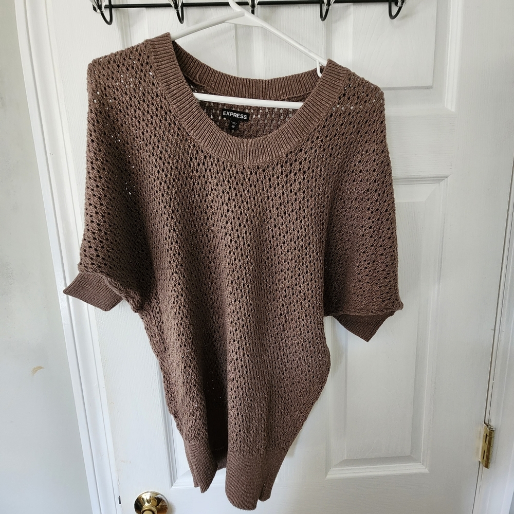 Open Stitch Cable Short Sleeve Sweater Brown with Gold Flecks
